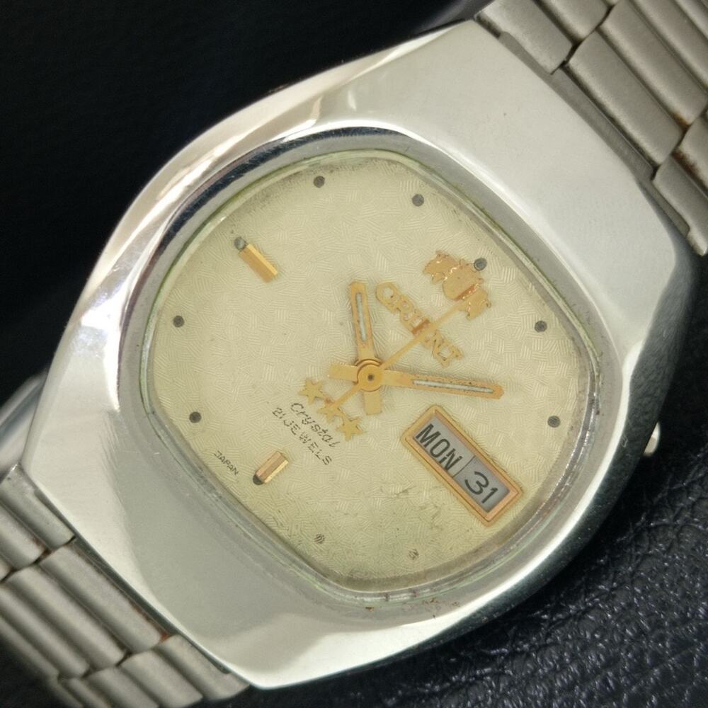 Vintage 1981 Orient Automatic Mens Silver Watch W/daydate & Gold accents